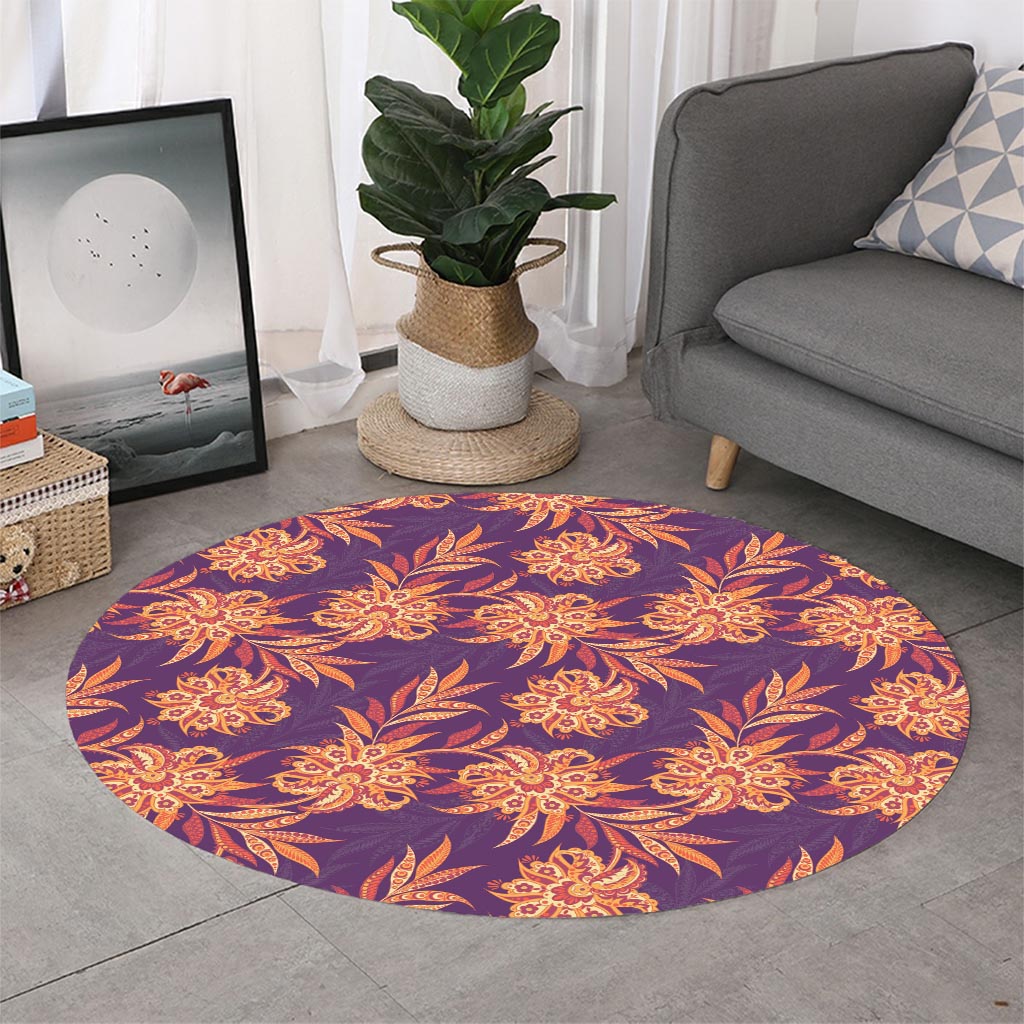 Tangerine Floral Bohemian Pattern Print Round Rug