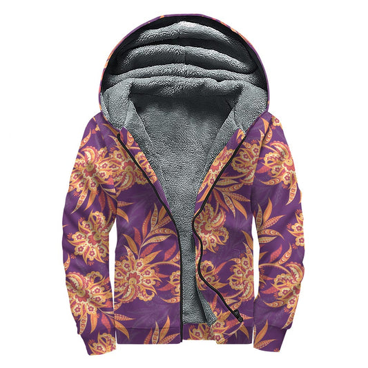 Tangerine Floral Bohemian Pattern Print Sherpa Lined Zip Up Hoodie