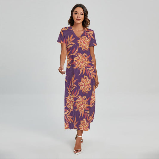 Tangerine Floral Bohemian Pattern Print Short Sleeve Maxi Dress