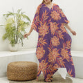 Tangerine Floral Bohemian Pattern Print Silk V-Neck Kaftan Dress