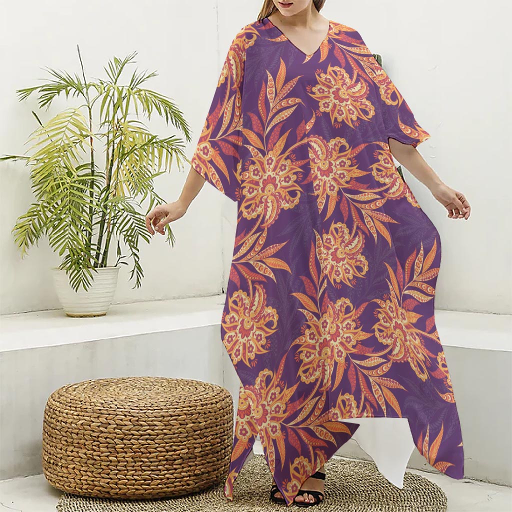 Tangerine Floral Bohemian Pattern Print Silk V-Neck Kaftan Dress