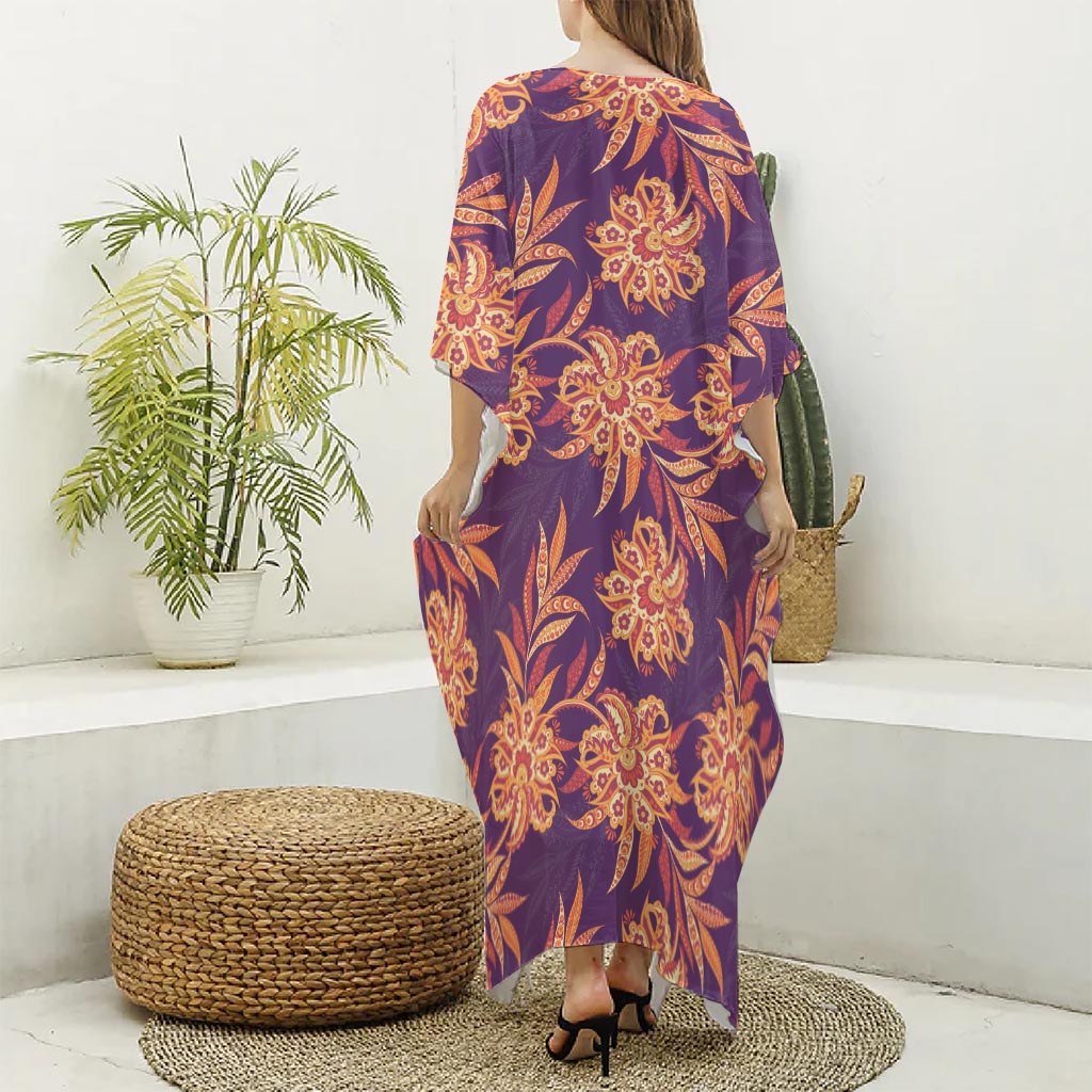 Tangerine Floral Bohemian Pattern Print Silk V-Neck Kaftan Dress