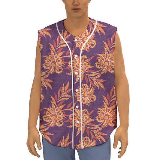 Tangerine Floral Bohemian Pattern Print Sleeveless Baseball Jersey