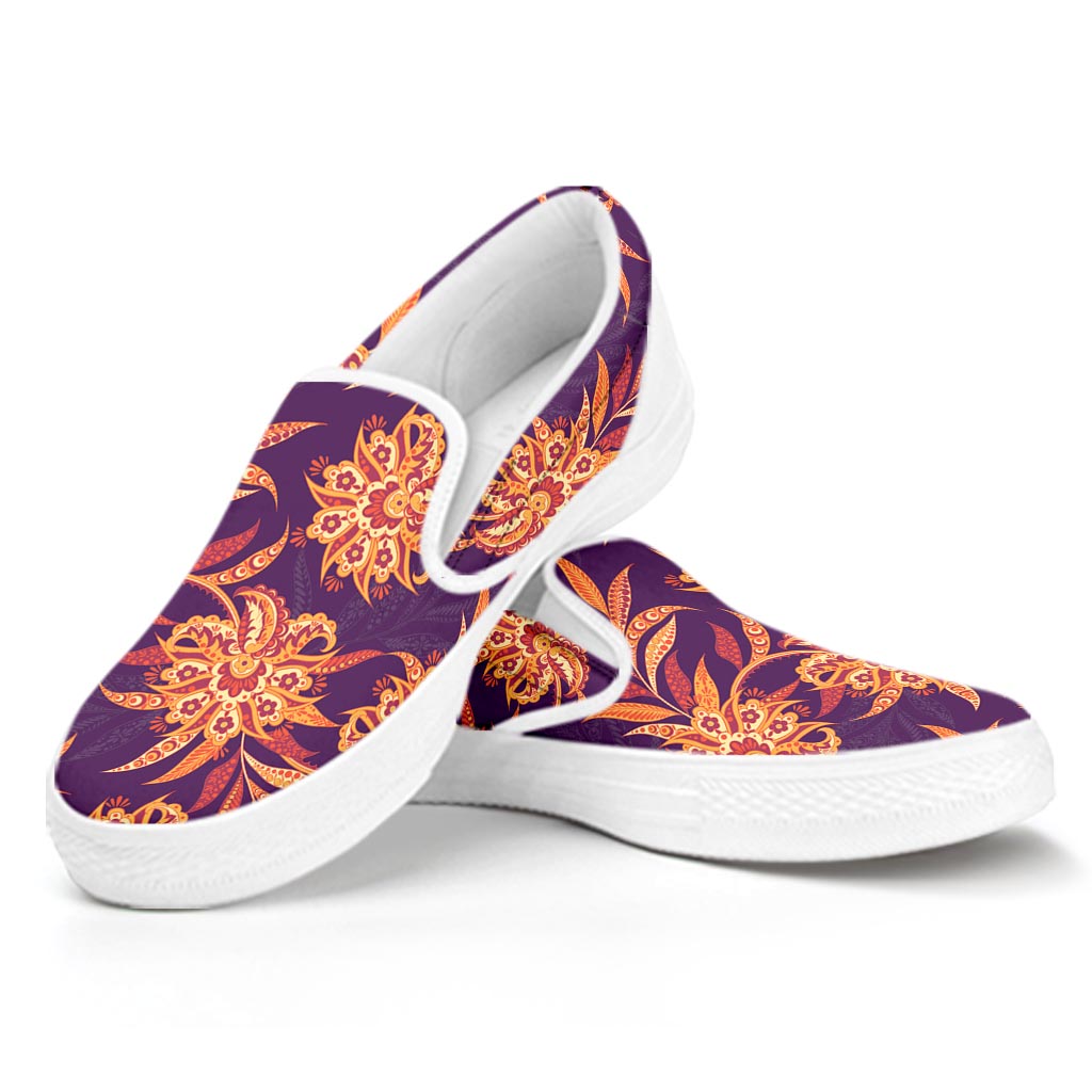 Tangerine Floral Bohemian Pattern Print White Slip On Sneakers