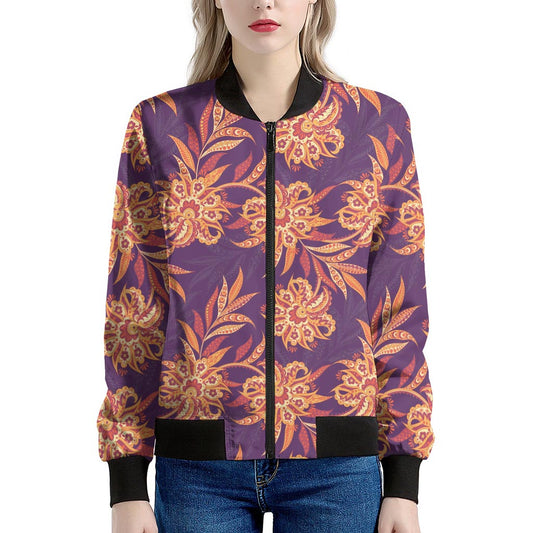 Tangerine Floral Bohemian Pattern Print Women's Bomber Jacket