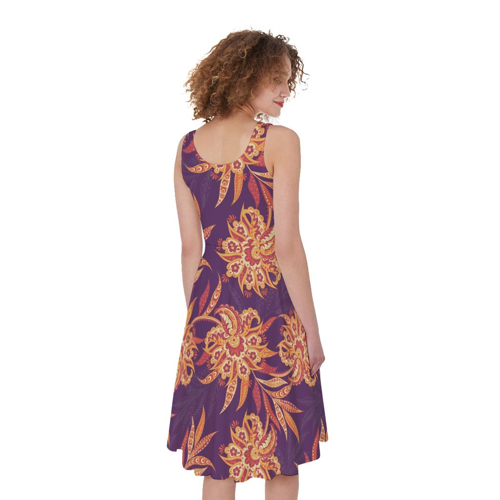 Tangerine Floral Bohemian Pattern Print Women's Sleeveless Dress