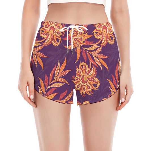 Tangerine Floral Bohemian Pattern Print Women's Split Running Shorts