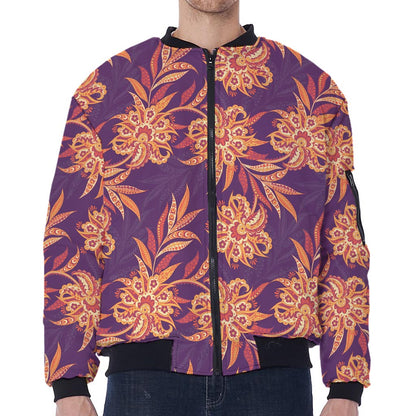 Tangerine Floral Bohemian Pattern Print Zip Sleeve Bomber Jacket