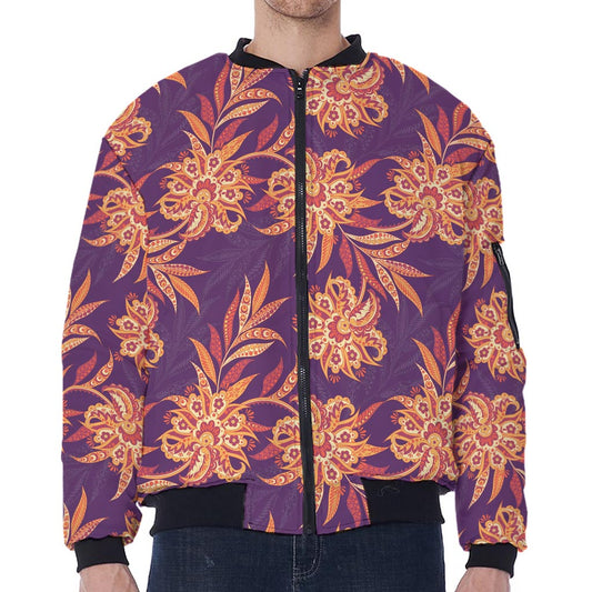 Tangerine Floral Bohemian Pattern Print Zip Sleeve Bomber Jacket