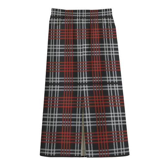 Tartan Knitted Pattern Print Cotton Front Slit Maxi Skirt