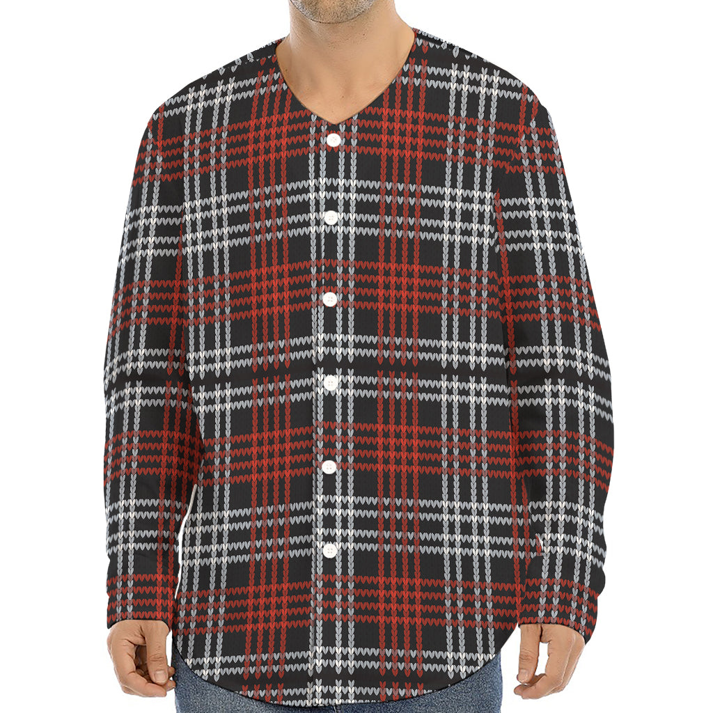 Tartan Knitted Pattern Print Long Sleeve Baseball Jersey