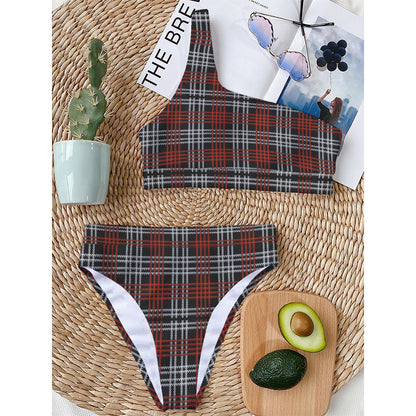 Tartan Knitted Pattern Print One Shoulder Bikini Top