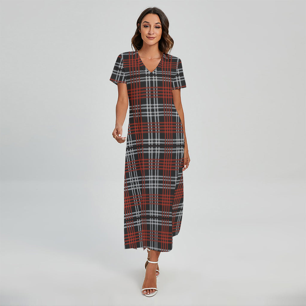 Tartan Knitted Pattern Print Short Sleeve Maxi Dress