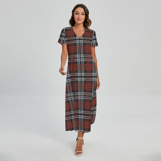 Tartan Knitted Pattern Print Short Sleeve Maxi Dress