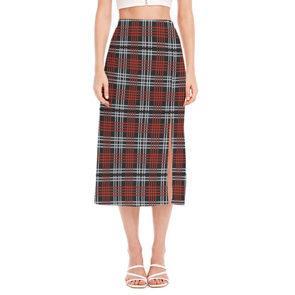 Tartan Knitted Pattern Print Side Slit Midi Skirt