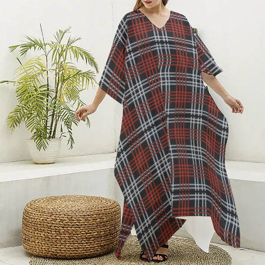 Tartan Knitted Pattern Print Silk V-Neck Kaftan Dress