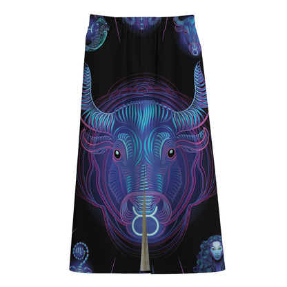 Taurus And Astrological Signs Print Cotton Front Slit Maxi Skirt