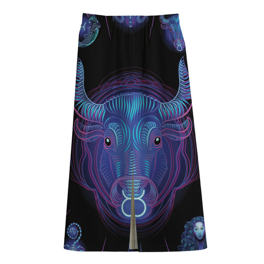 Taurus And Astrological Signs Print Cotton Front Slit Maxi Skirt