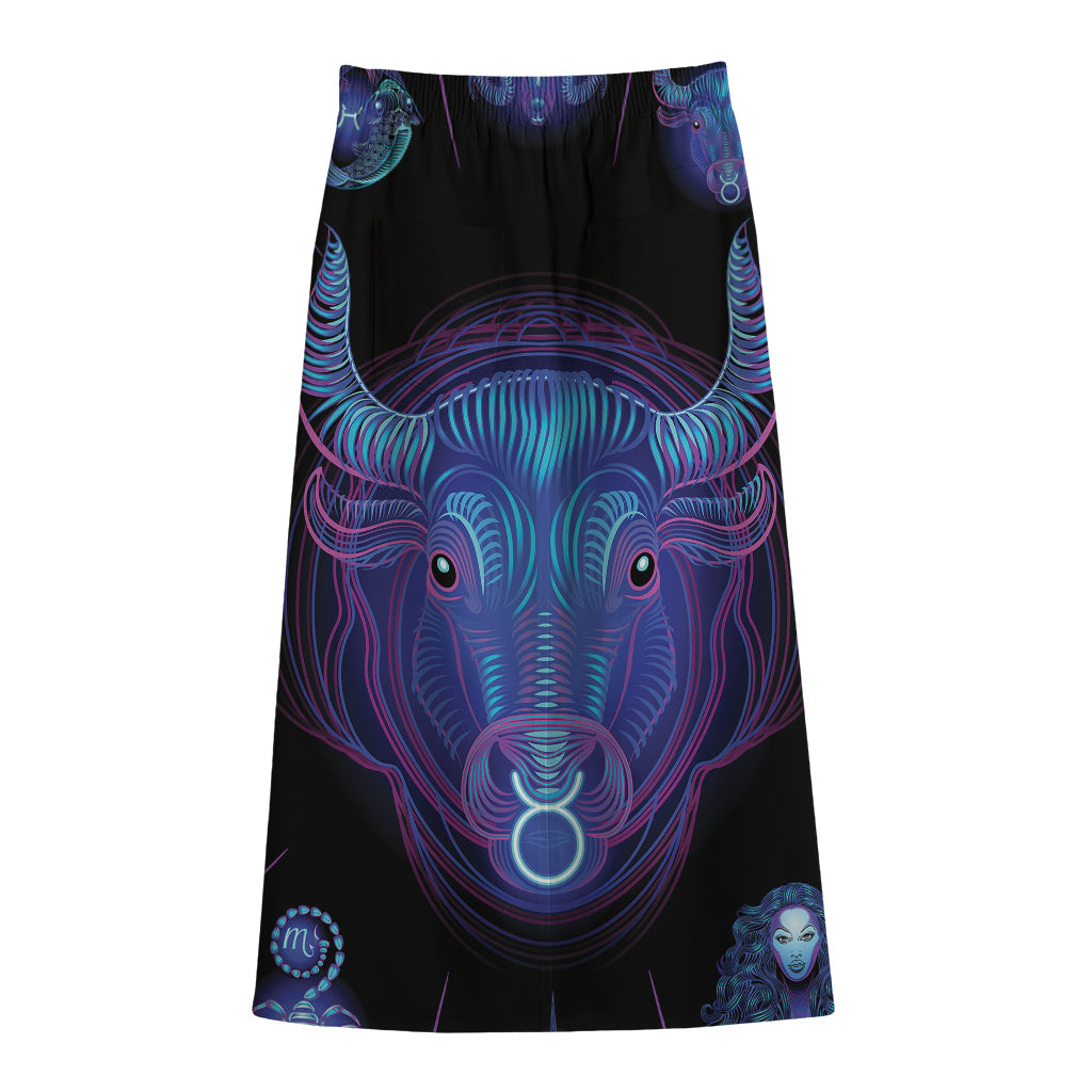 Taurus And Astrological Signs Print Cotton Front Slit Maxi Skirt