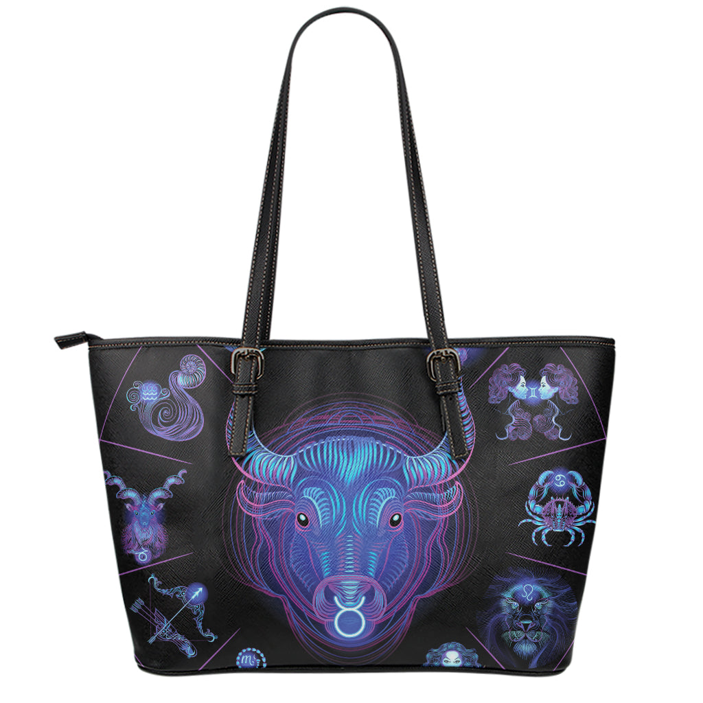 Taurus And Astrological Signs Print Leather Tote Bag