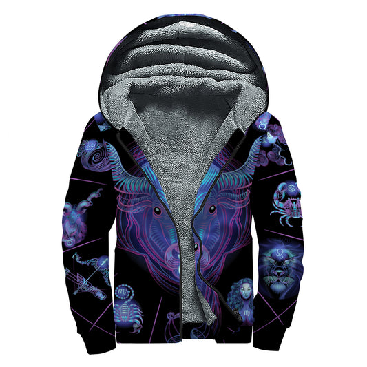 Taurus And Astrological Signs Print Sherpa Lined Zip Up Hoodie