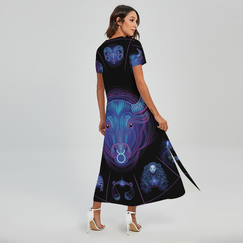 Taurus And Astrological Signs Print Short Sleeve Maxi Dress