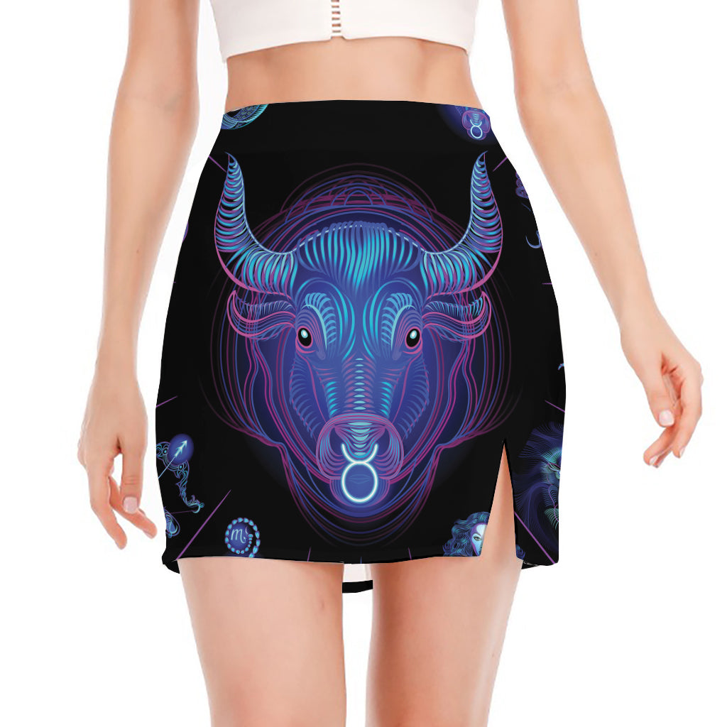 Taurus And Astrological Signs Print Side Slit Mini Skirt