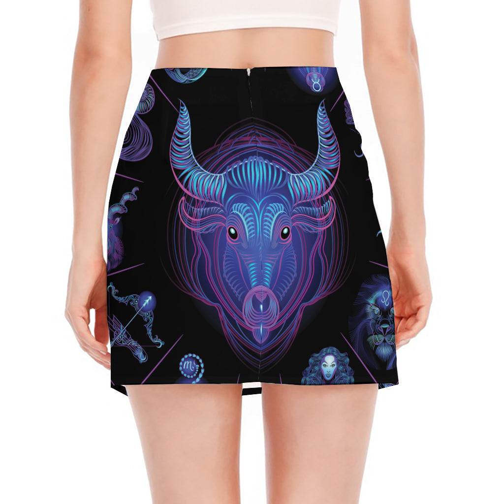 Taurus And Astrological Signs Print Side Slit Mini Skirt