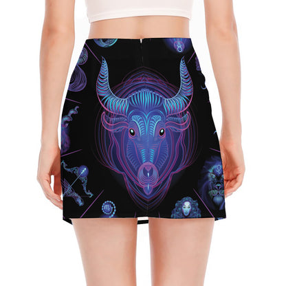 Taurus And Astrological Signs Print Side Slit Mini Skirt