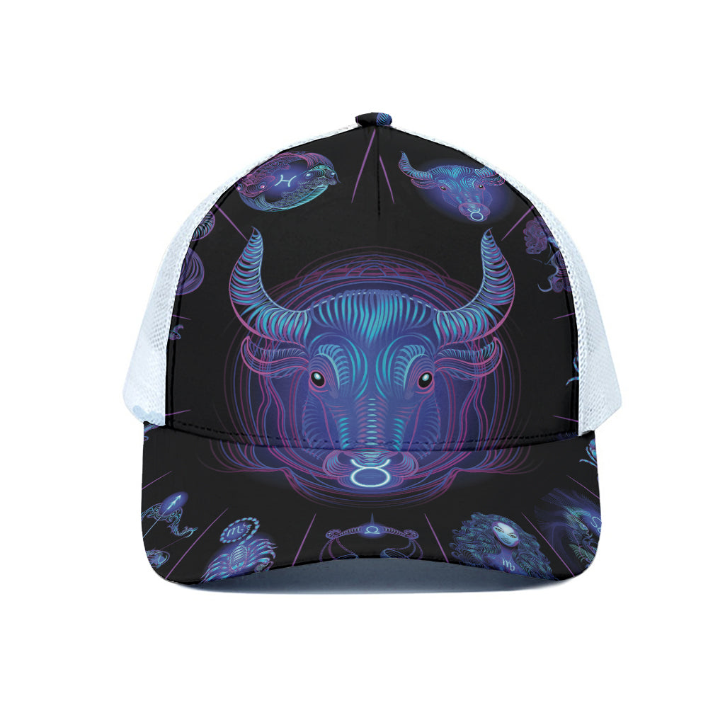 Taurus And Astrological Signs Print White Mesh Trucker Cap