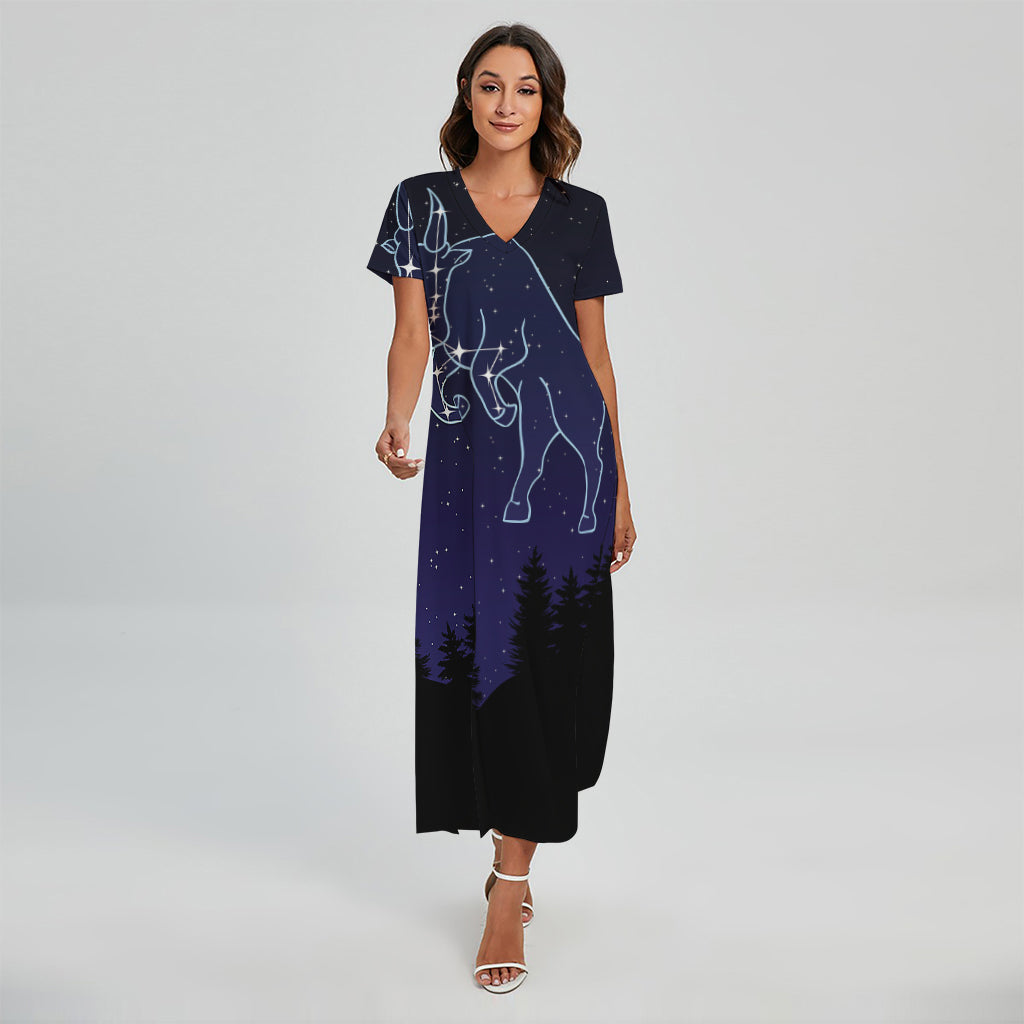 Taurus Constellation Print Short Sleeve Maxi Dress