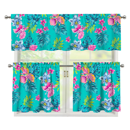 Teal Aloha Tropical Pattern Print 3 Piece Kitchen Curtains