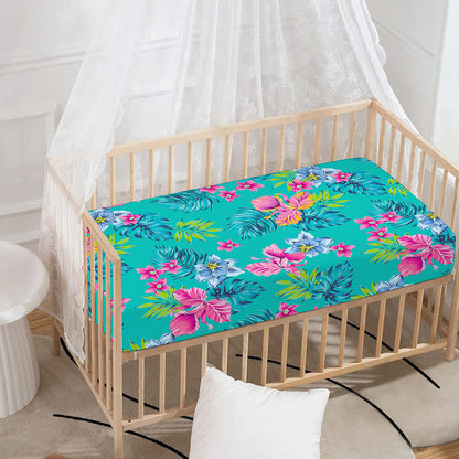 Teal Aloha Tropical Pattern Print Baby Crib Sheet