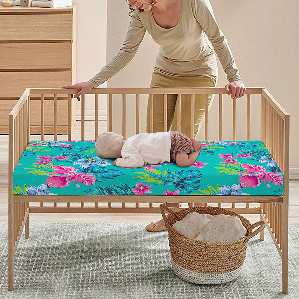 Teal Aloha Tropical Pattern Print Baby Crib Sheet