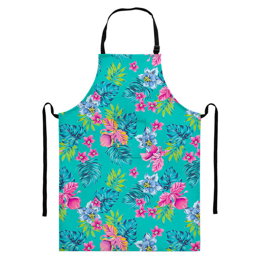 Teal Aloha Tropical Pattern Print Bib Apron With Pocket