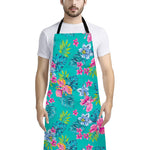 Teal Aloha Tropical Pattern Print Bib Apron With Pocket