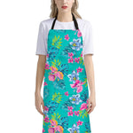 Teal Aloha Tropical Pattern Print Bib Apron With Pocket