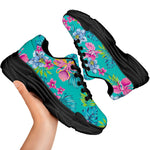 Teal Aloha Tropical Pattern Print Black Chunky Shoes