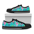 Teal Aloha Tropical Pattern Print Black Low Top Sneakers