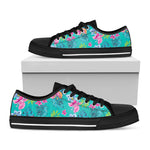 Teal Aloha Tropical Pattern Print Black Low Top Sneakers