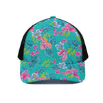 Teal Aloha Tropical Pattern Print Black Mesh Trucker Cap