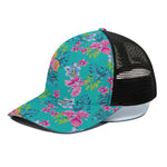 Teal Aloha Tropical Pattern Print Black Mesh Trucker Cap