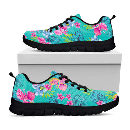 Teal Aloha Tropical Pattern Print Black Running Shoes