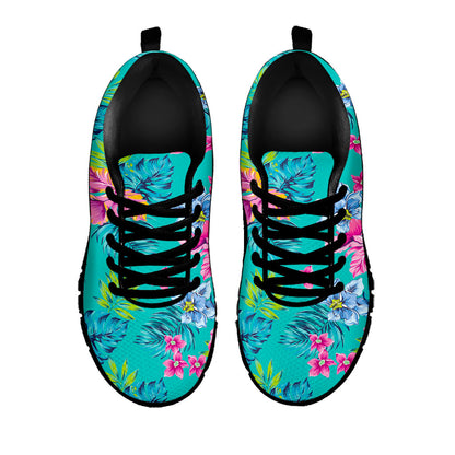 Teal Aloha Tropical Pattern Print Black Running Shoes