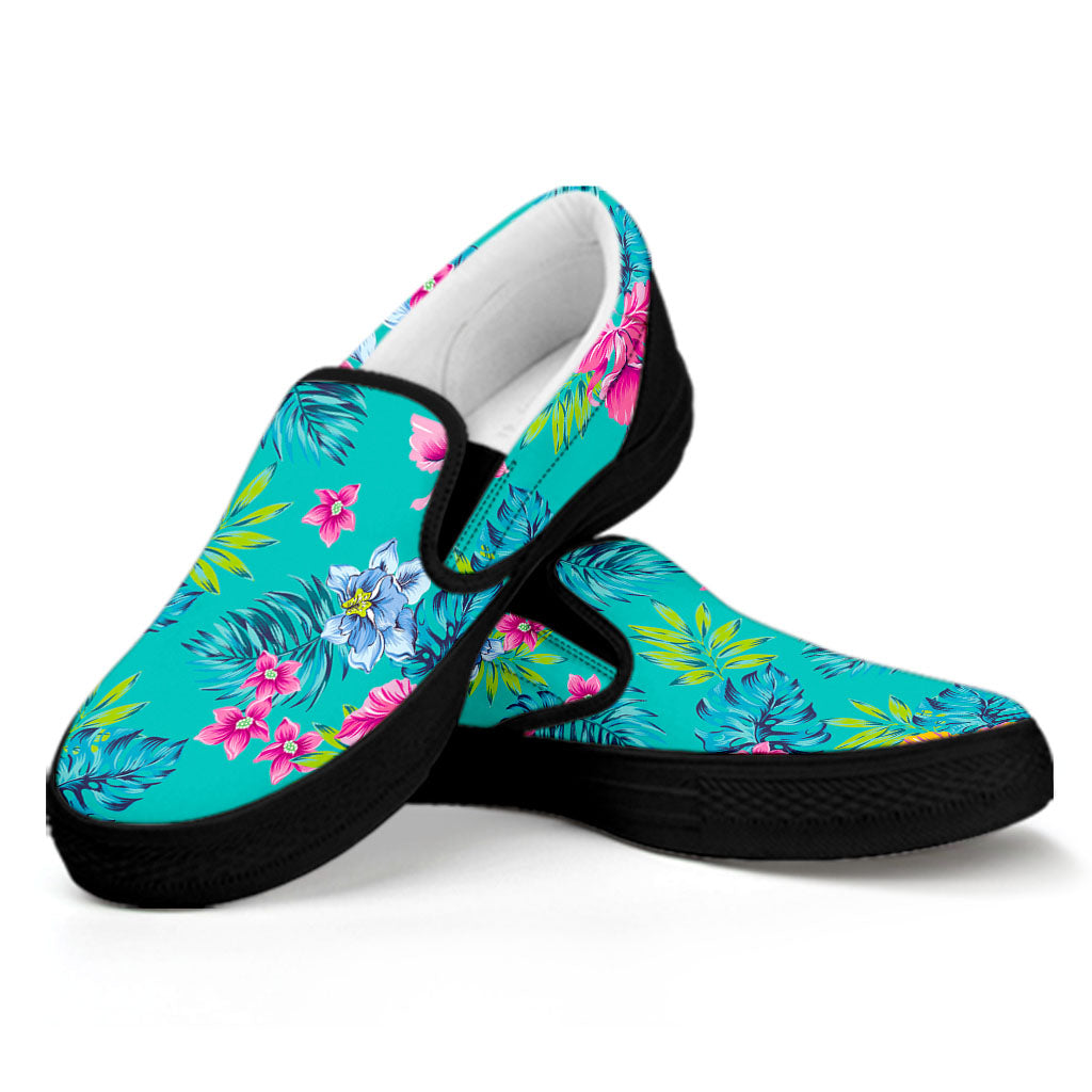 Teal Aloha Tropical Pattern Print Black Slip On Sneakers