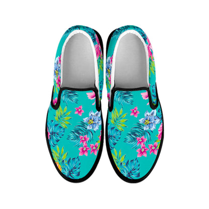 Teal Aloha Tropical Pattern Print Black Slip On Sneakers