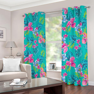 Teal Aloha Tropical Pattern Print Blackout Grommet Curtains