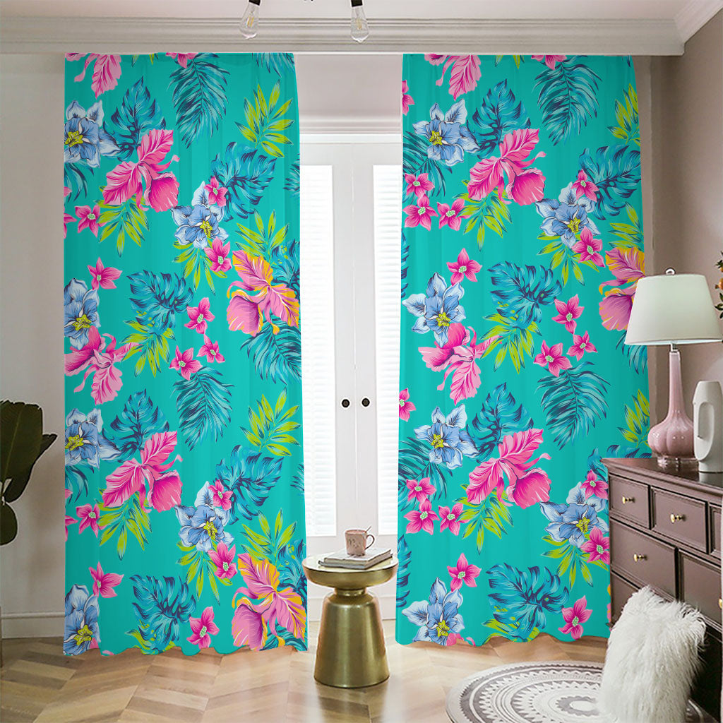 Teal Aloha Tropical Pattern Print Blackout Pencil Pleat Curtains