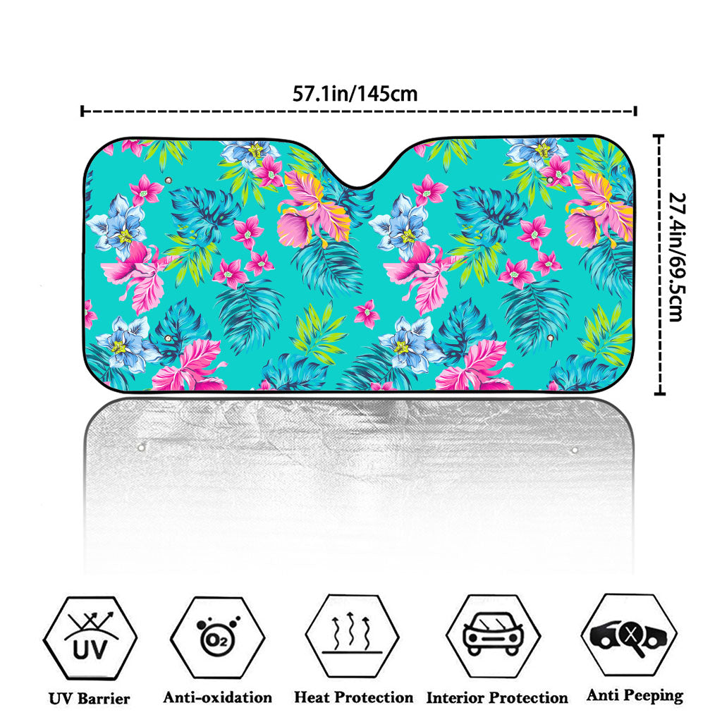 Teal Aloha Tropical Pattern Print Car Windshield Sun Shade