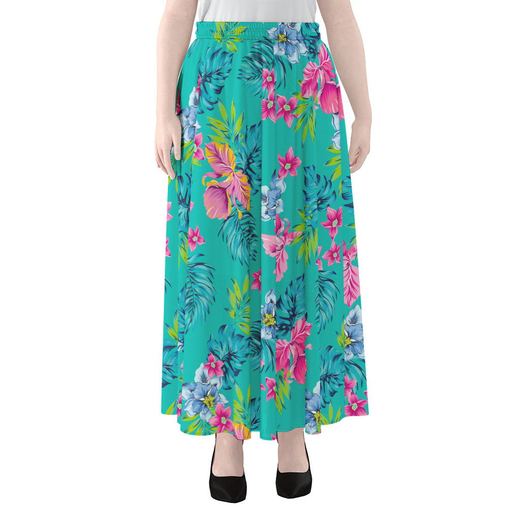 Teal Aloha Tropical Pattern Print Chiffon Maxi Skirt